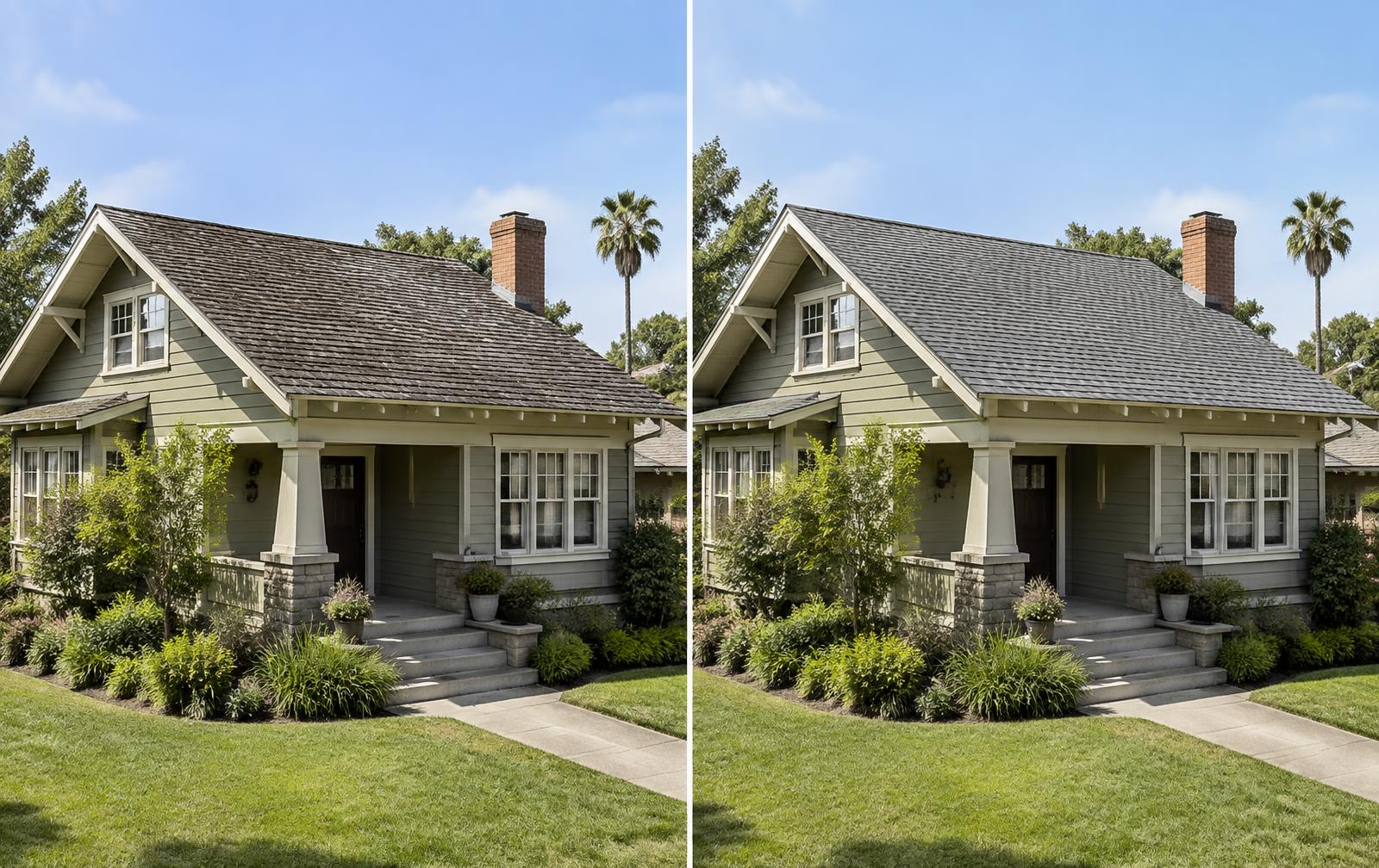 Before and after comparison of an aged shingle roof and a new cool shingle roof