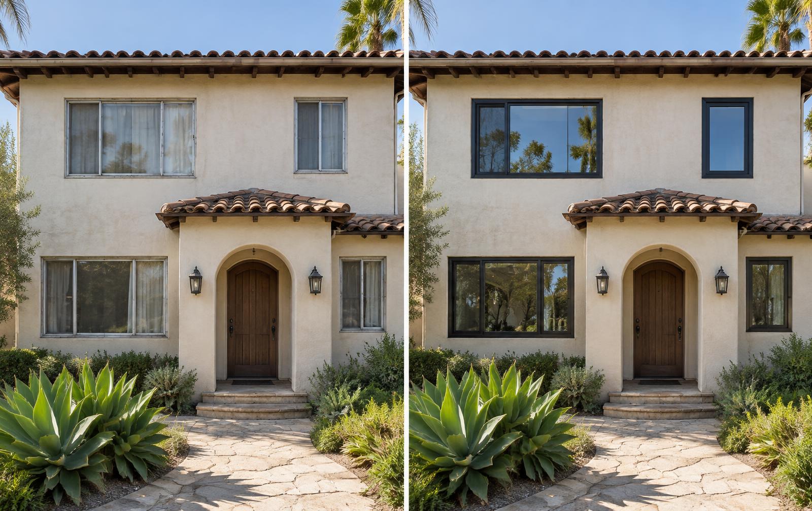 Before and after comparison of old aluminum windows and new energy-efficient replacement windows